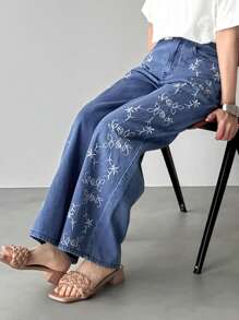 FRIFUL 女士花卉刺绣口袋阔腿宽松休闲牛仔裤女士牛仔裤高腰女士夏季服装女士衣服女士夏季衬衫女士下装 - 藍色 - 查看 6