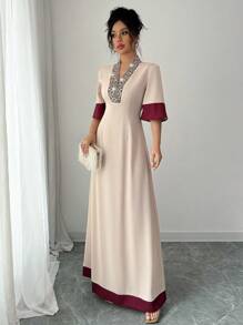 SHEIN PETITE V-Neck Contrast Color Block Sequin Embellished Cinched Waist Long Dress, Elegant And Chic French Style For Summer
