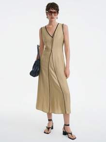 Aalyst Minimalist Contrast Color Sleeveless Dress, Casual & Vacation Style, Khaki - Khaki - View 5