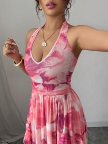 Elenzga Women Floral Print Halter Backless Dress - Multicolor - View 4