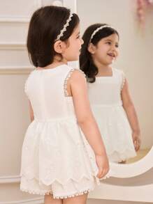 SHEIN Glamorique Kids 女婴优雅刺绣蕾丝边无袖白色连衣裙，适合度假、节日、生日、夏季 - 白色 - 查看 5