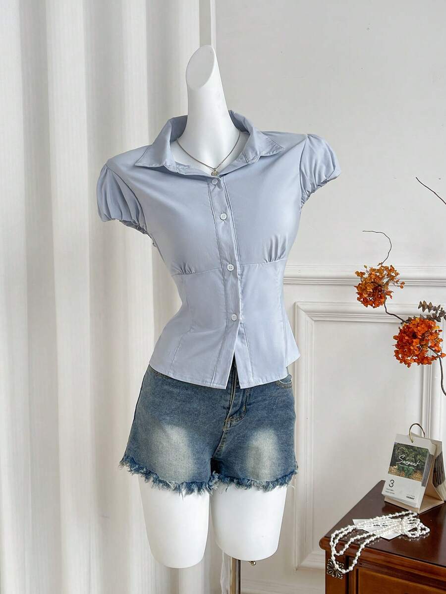 Flirla 女装夏季新款日常通勤百搭简约纽扣收腰泡泡袖衬衫上衣 - 藍色 - 查看 1