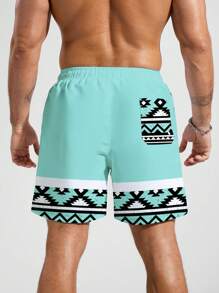 Manfinity Men's Geometric Print Drawstring Waist Pocket Beach Shorts, Hawaiian Men Beach Clothes Beach Wear For Men - Mint Blue - View 2