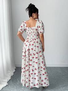 Elenzga Plus Size Women Cherry Print Ruffle Backless Split Dress With Bubble Sleeves - White - View 2