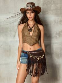SHECARRY Bolso tipo riñonera con decoración de flecos y cadena con estilo personalizado Y2K chic para mujeres, para festivales de música