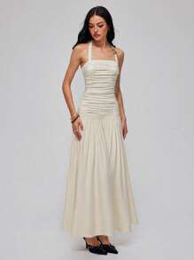 Roylia Women's Elegant Open Back Tie Design Hollow Out Pleated Dress, Summer Resort Wear - Apricot - View 3