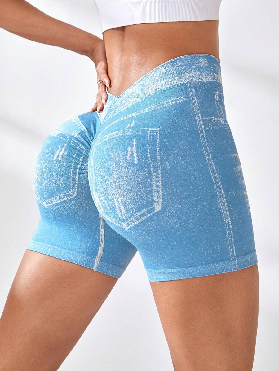 Easithlete 1 pieza Pantalón corto deportivo tejido sin costuras, efecto de mezclilla azul, pantalón corto para yoga, fitness y entrenamiento - Celeste - Ver 1