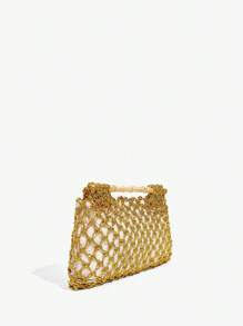 SHEIN SXY 女士手提包，编织包，钩针编织，金色，时尚，优雅，简约，个性化，多功能，木质手柄，适合海滩，度假，节日，夏季