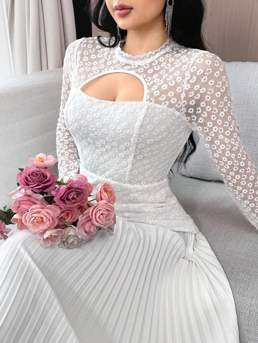 Feyla 女式蕾丝拼接镂空荷叶边下摆优雅长裙 - 白色 - 查看 1