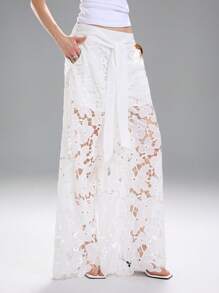 LYSMO Women's Solid Color Tie Knot Pocket Lace Patchwork Elegant Pants - White - View 4