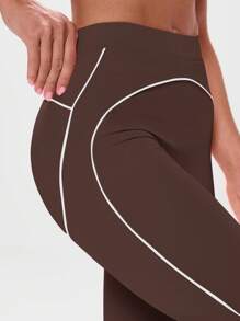 Musera Sport 高腰撞色滚边紧身裤，适合运动健身、板式网球、网球、匹克球等运动。 - 巧克力棕 - 查看 5
