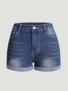 Teen Girl Summer New Arrival Embroidered & Rhinestone Decor Vintage Wash Elastic Denim Shorts - Dark Wash - View 2