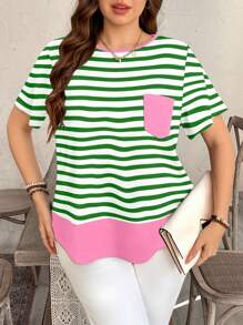 SHEIN LUNE Camisa casual de estilo europeo y americano, con rayas de contraste y decoración de bolsillo de contraste, para salidas y festivales de verano, en estilo bohemio de los 90, para mujer de talla grande