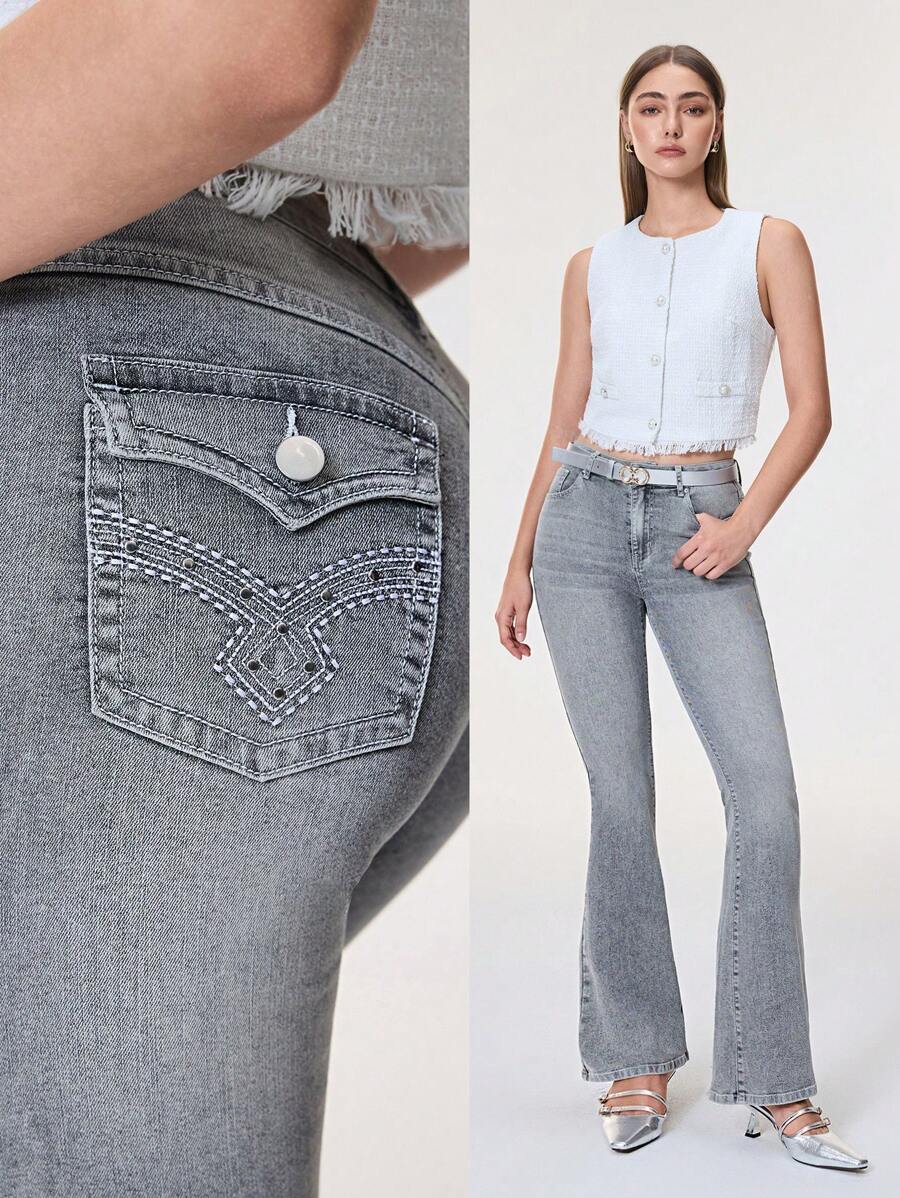 Selenza Women's Y2k High Waist Geo Embroidered Studded Detail Flare Leg Elegant Jeans With 4 Pocket ,Butt Lifting Jeans Women - Light Grey - View 1