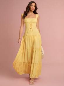 Enchnt Vestido largo de mujer romántico, sin mangas, de cuello cuadrado con tirantes cruzados, de color amarillo sol, para primavera/verano, dulce y elegante para vacaciones, citas, días festivos, fiestas, graduaciones, invitadas de boda, playa, bailes de graduación, vestidos de verano para mujeres, ropa de verano, vestidos elegantes de mujer, vestidos elegantes para fiestas