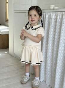 2 pièces Ensemble Top à col contrasté et jupe pour bébé fille, style casual preppy mignon, convient pour l'été, les vacances et les voyages - Multicolore - Voir 8