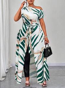 Elenzga Plus Size Women Sleeveless One Shoulder Asymmetrical Hem Tie Front Sexy Shirt - Multicolor - View 1