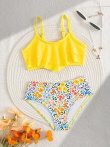 Girls Random Combination Of Minimalist Black Swimsuit Top And Refreshing Coconut Tree Print Pattern Bikini Bottom, 2 Pieces Swimsuit Set - Yellow - View 1