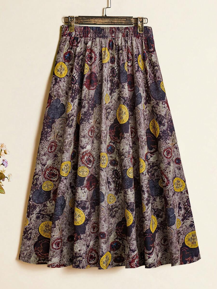 SHEIN LUNE Plus Size Women Summer Casual Retro Floral Print Skirt, Suitable For Daily/Leisure Travel Holiday Fall Cloth For Women - Multicolor - View 1