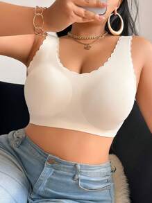 SHEIN Plus Size Minimalist Solid Color Shell Trim Seamless Bra - White - View 5