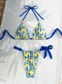 Swim Mod Set de 2 piezas de top corto sin espalda con estampado aleatorio colorido y bikini de lado atado en triángulo - Conjunto de traje de baño y ropa de playa de verano para mujer