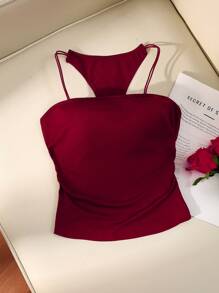 INAWLY 女式夏季纯色红色褶饰休闲吊带背心
