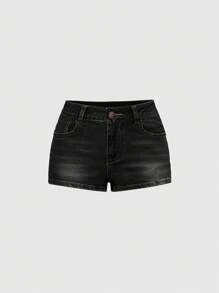 ROMWE Quần short denim thêu túi vá hình chữ Anh Hippie Patch - màu đen - Xem 2