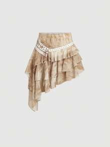 SHEIN MOD 不对称荷叶边吊带中长裙、波西米亚风半身裙、假日、休闲裙、节日裙、度假裙、嬉皮裙、休闲裙、波西米亚风半身裙、夏季半身裙、音乐会、女士西部服饰、女士波西米亚风半身裙、波西米亚风