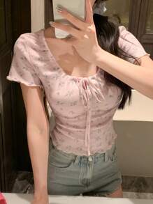 Joudiya Áo thun nữ dáng ôm mới, trang trí nơ, thích hợp cho hẹn hò, đi nghỉ mát. - Hồng - Xem 6