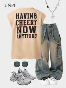 SHEIN Fashionable Loose Fit Letter Print Tank Top For Teen Boys, Suitable For Daily Wear, Parties, Music Festivals, School Or Vacation, Comfortable &