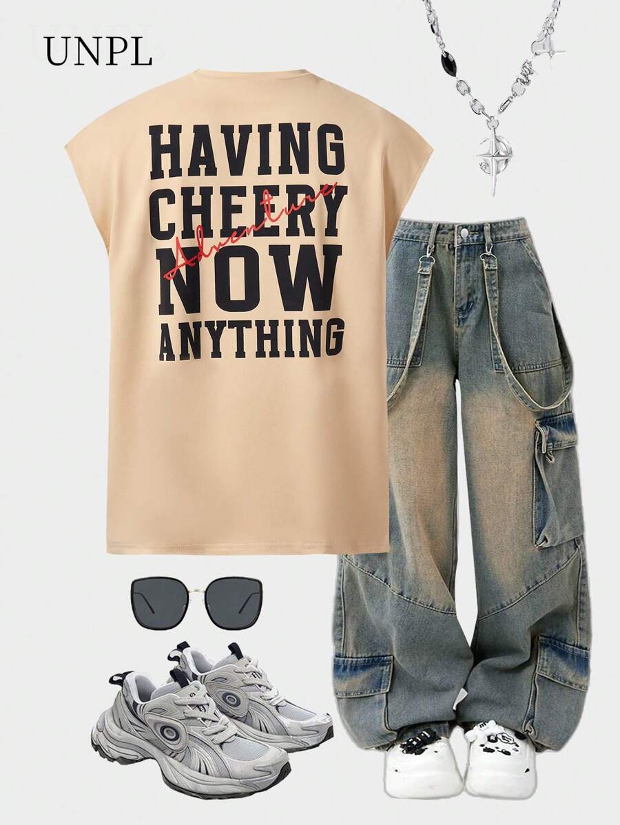 SHEIN Fashionable Loose Fit Letter Print Tank Top For Teen Boys, Suitable For Daily Wear, Parties, Music Festivals, School Or Vacation, Comfortable &