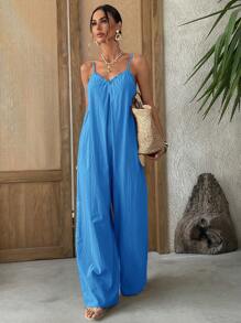 SHEIN VCAY 女士度假纯色荷叶边阔腿宽松休闲连体裤