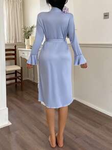 Women's Casual Bell Sleeve Robe, Fall, Cozy Outfit - Medium Wash - View 2