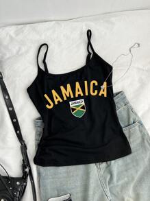 SHEIN EZwear Sexy Sports Style Jamaica Flag Football Printed Women Sleeveless Casual Tight Tank Top, Suitable For Summer And Sports Seasons