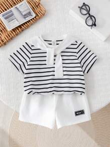 SHEIN 3件套婴儿男女童夏季可爱条纹短袖上衣、松紧腰短裤、披肩三件套，适合生日派对、晚宴、演出、婚礼、迎婴派对、一周岁生日庆祝等场合。 - 彩色 - 查看 5