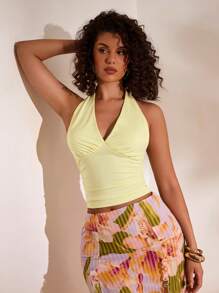 Opulessa Women Solid Color Fitted Sleeveless Halter Crop Top - Yellow - View 5