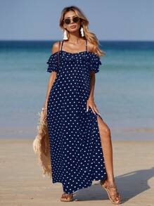 Breezaya 女士度假露肩长款圆点印花荷叶边下摆连衣裙 - 彩色 - 查看 3