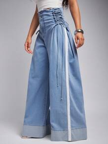 Quần jean ống rộng denim co giãn cạp cao Raw Edge buộc dây, trang phục dạo phố cho nữ, trang phục thường ngày cho nữ - Rửa nhẹ - Xem 1