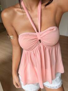 SHEIN PETITE Parte superior de tirante con volantes, bajo con volantes y nudo en el cuello de tela con textura de pliegues. Elegante, romántico y lindo atuendo casual para mujeres de talla pequeña, apropiado para la playa y las vacaciones