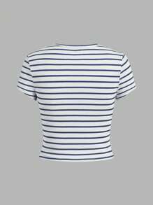 SHEIN EZwear 4pcs Set Casual Minimalist Nautical Style Navy Blue Stripe Short Sleeve Cropped Fitted T-Shirt For Summer Holiday Suitable For Going Out - Multicolor - View 7