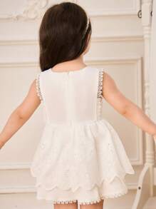 SHEIN Glamorique Kids 女婴优雅刺绣蕾丝边无袖白色连衣裙，适合度假、节日、生日、夏季 - 白色 - 查看 2