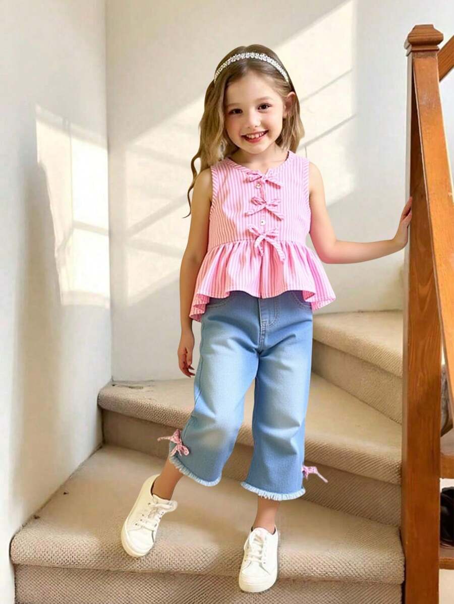 Baby Girls' Woven Striped Sleeveless Top And Fashion Pants Set, Summer