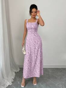 Elenzga 夏季女式时尚无袖印花连衣裙 - 珊瑚粉 - 查看 3