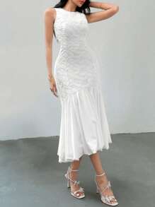 DAZY 1pc Women Textured Fabric Mermaid Dress, Sleeveless Wedding Women Dresses - White - View 4