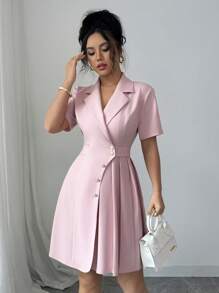 Elenzga 女士粉色优雅V领腰带独特设计褶皱短裙 - 粉色 - 查看 4
