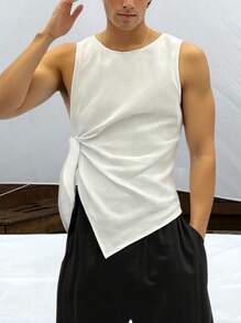 Manfinity Dauomo 男士夏季纯色圆领侧打结时尚上衣 - 白色 - 查看 1