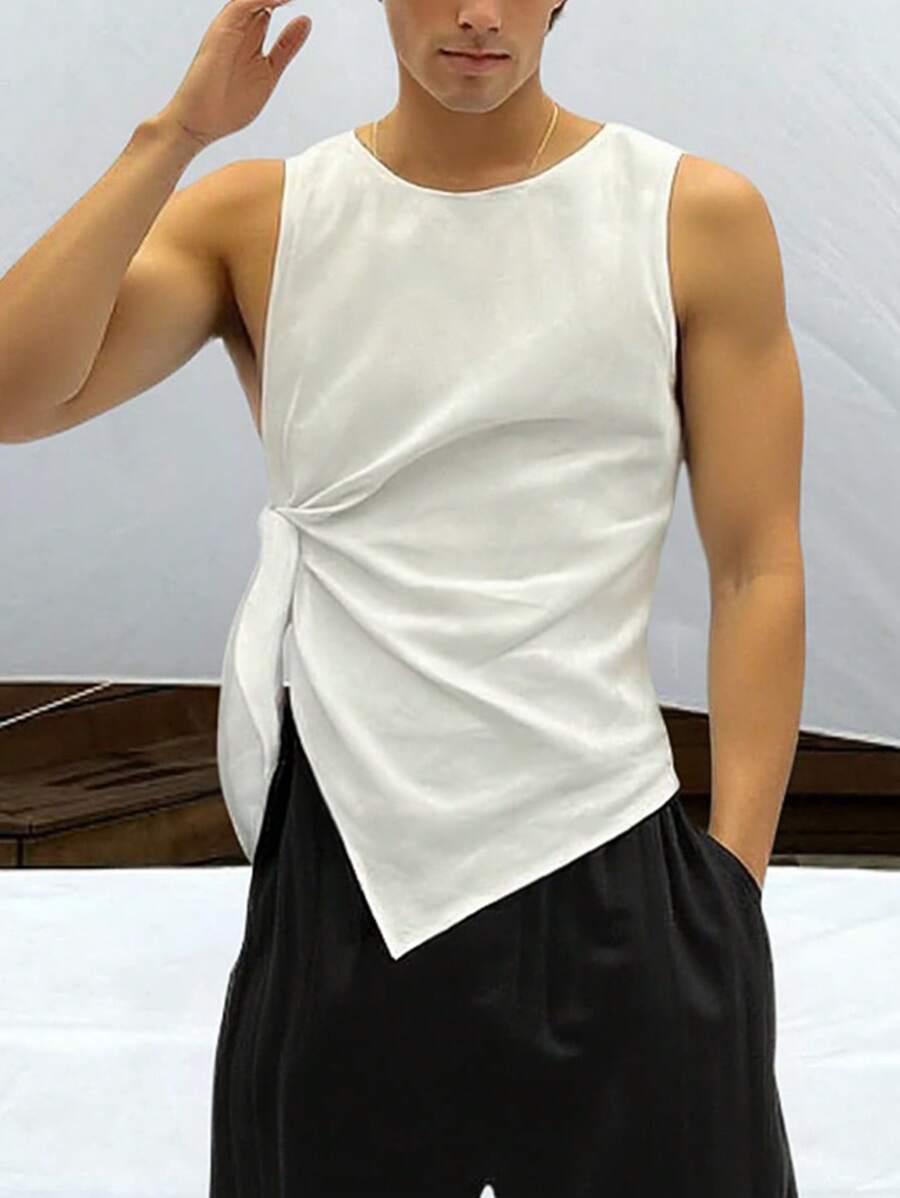 Manfinity Dauomo 男士夏季纯色圆领侧打结时尚上衣 - 白色 - 查看 1