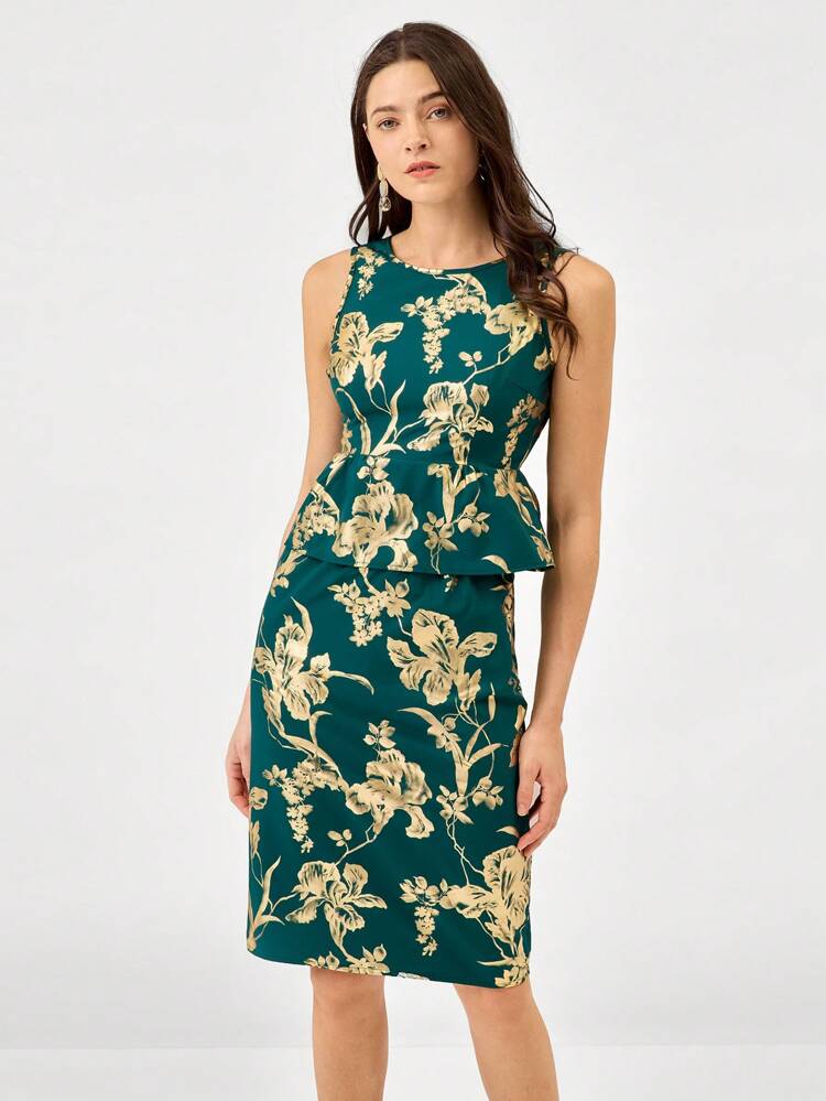 2pcs Women Holiday Floral Metallic Print Sleeveless Top And Skirt Elegant Set
