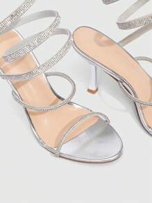 CUCCOO SZL 女士新款性感蛇纹水钻绑带银色高跟鞋，适合晚会、约会 - 銀色 - 查看 6