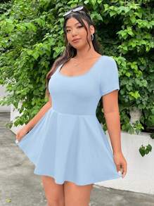 SHEIN EZwear Vestido casual y sencillo de unicolor de manga corta, talla grande, con línea A, dobladillo con volantes, tela elástica con bolsillos para exteriores, yoga, fitness, primavera y verano